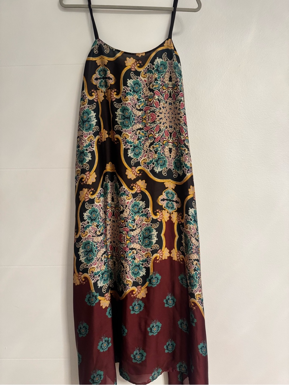 Zara Black Floral Medallion Satin Maxi Skirt with Teal Accents